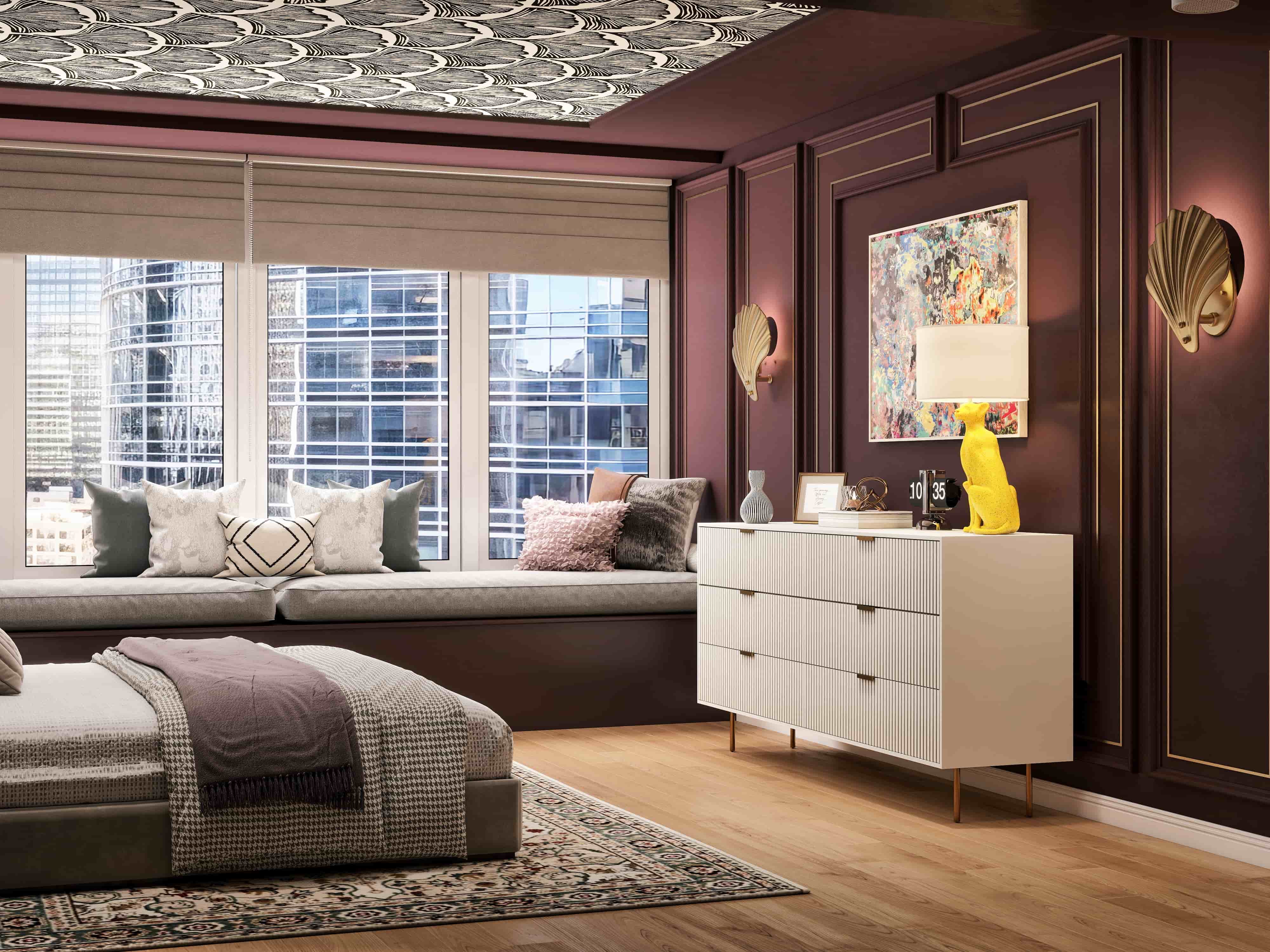 Hollywood Regency eclectic apartment interior design 3D render San Francisco maximalist navy gold burgundy brass marble Fiverr Design Award 2026 Studio 5