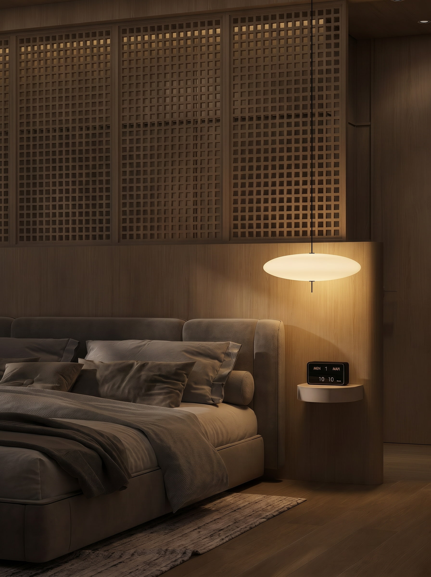 luxury minimalist bedroom nightstand with pendant lamp sleeping room 3d rendering