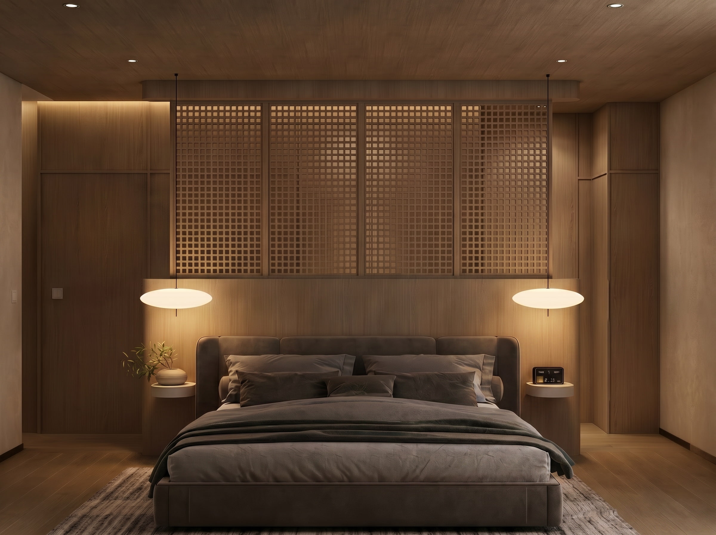 architectural visualization japandi bedroom with wooden flooring pendant lamps