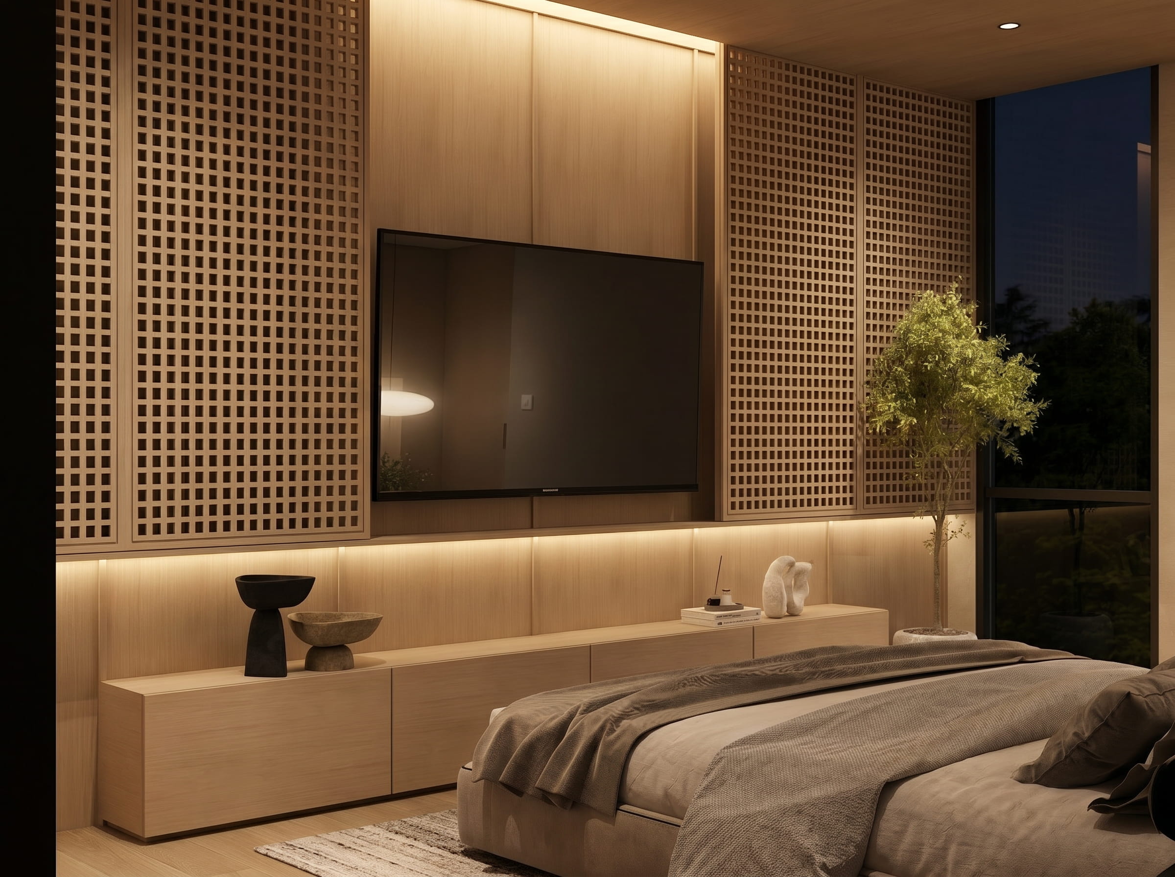 elegant media wall tv unit custom built with hidden TV, biophilic decorations