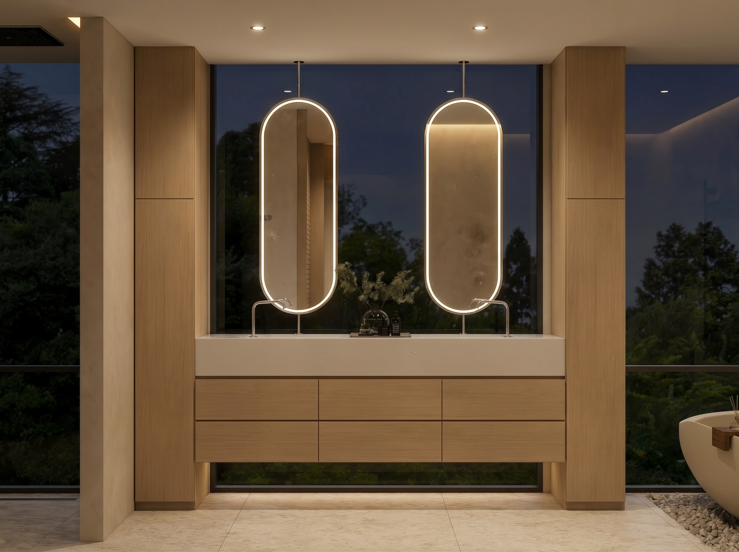 modern minimalist master bathroom 3D architectural visualization rendering floor to ceiling windows