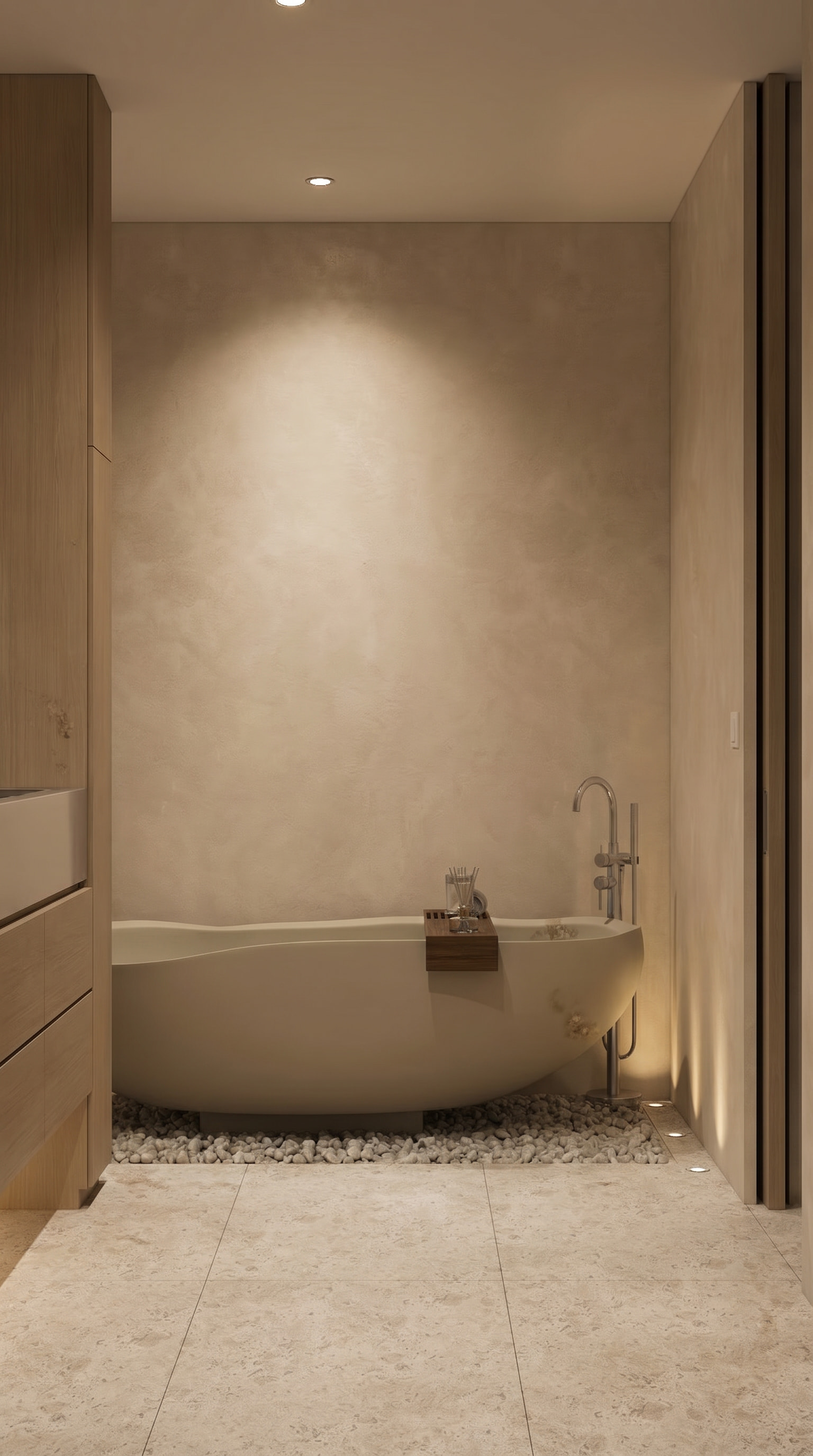 standalone tub with rock enclosure, floor faucet elegant master bathroom with lime wash walls japandi minimalist